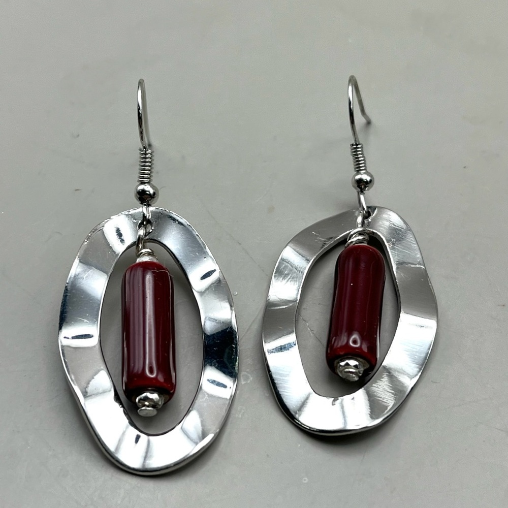 Silver and Red Oval Drop Earrings - luxe Statement Jewelry Gift